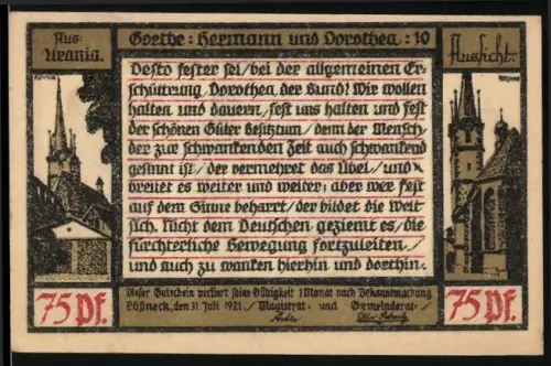 Notgeld Pössneck, 75 Pf, Goethe-Text, Handreichungsszene, Fachwerkhäuser und Kirche