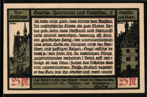 Notgeld Pössneck 1921, 25 Pf, Goethe-Motiv und Versammlungsszene