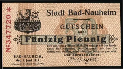 Notgeld Bad-Nauheim 1917, 50 Pfennig, Wappen mit dekorativem Muster
