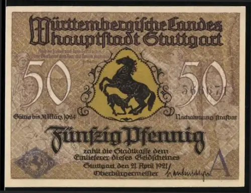 Notgeld Stuttgart 1921, 50 Pfennig, springendes Pferd und Altes Schloss mit Stiftskirche