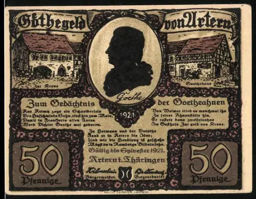 Notgeld Artern i. Th., 1921, 50 Pfennig, Goethe-Gedenkmotiv mit Gebäuden und Silhouette