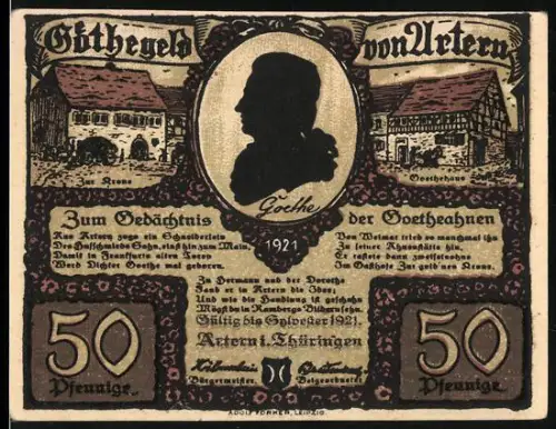 Notgeld Artern 1921, 50 Pfennig, Goethe-Silhouette