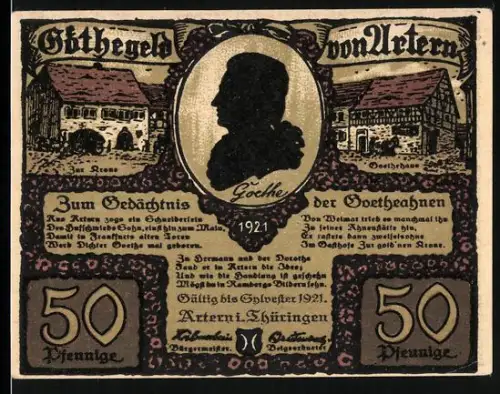 Notgeld Artern 1921, 50 Pfennig, Goethe-Silhouette und Goethehäuser, Szene mit Paar und dekorativem Rahmen