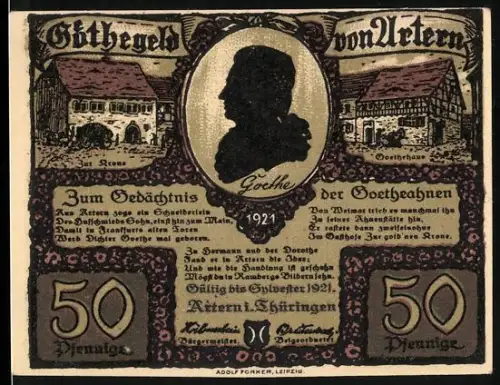 Notgeld Artern 1921, 50 Pfennig, Goethe-Silhouette und ländliche Szene