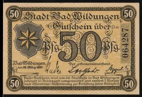 Notgeld Bad Wildungen 1920, 50 Pfennig, Stern und Kurhaus mit Heilquelle