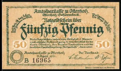Notgeld Osterholz 1921, 50 Pfennig, Kreishaus-Motiv und Verzierung mit floralen Elementen
