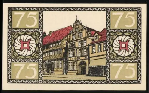 Notgeld Hameln 1921, 75 Pfennig, Fachwerkhäuser und dekorative Muster