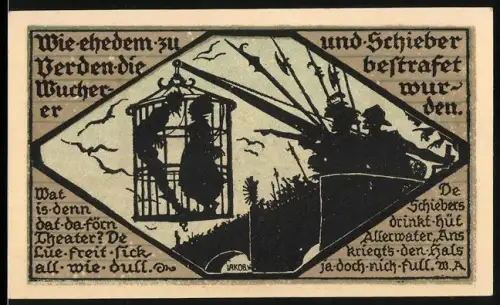 Notgeld Verden /Aller 1921, 50 Pfennig, Ortsansicht mit Kirche und Wappen, Bestrafung von Wucherern