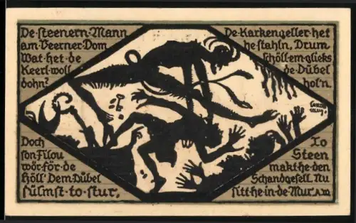 Notgeld Verden /Aller 1921, 75 Pfennig, Dämonenmotiv und Ortsansicht mit Wappen