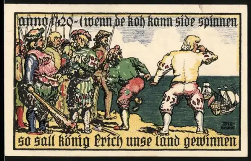 Notgeld Burg auf Fehmarn, 75 Pfennig, historische Szene mit König Erich und Soldaten, Stadtwappen