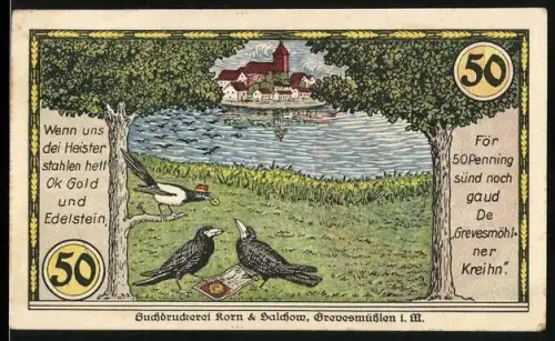 Notgeld Grevesmühlen i. Meckl., 50 Pfennig, Vögel und Ortsansicht, mit Wappen