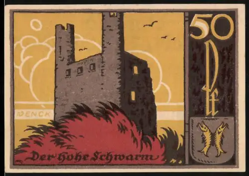Notgeld Saalfeld /Sa. 1921, 50 Pf, Der hohe Schwarm und Stadtwappen mit zwei Fischen