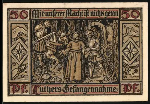 Notgeld Eisenach 1921, 50 Pfennig, Luthers Gefangennahme und Ortsansicht mit Wappen