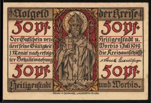 Notgeld Heiligenstadt 1919, 50 Pf, St. Bonifatius und Wappen