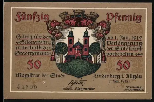 Notgeld Lindenberg i. Allgäu 1918, 50 Pfennig, Soldat mit Wappen und Kirche, Wappen mit Krone
