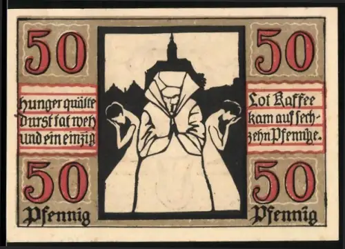 Notgeld Naumburg a. Saale 1920, 50 Pfennig, betende Figuren und Wappen mit Schlüsseln und Schwertern