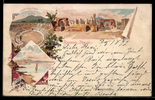 Lithographie Pompei, Ricordo con anfiteatro e tempio di Giove