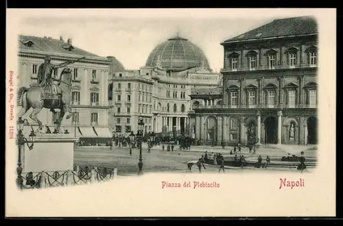 AK Napoli, Piazza del Plebiscito con statua e Palazzo Reale