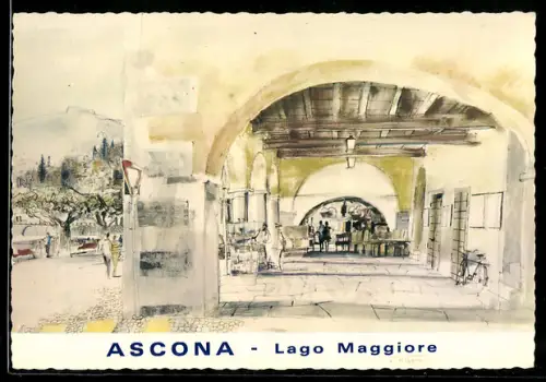 Künstler-AK Ascona /Lago Maggiore, Acquerello di un portico con vista parziale sul paesaggio circostante
