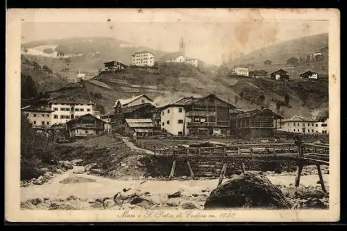 AK S. Pietro di Cadore, Mare, Veduta panoramica del villaggio con ponte e fiume