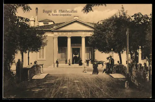AK Montecatini, R. Terme Leopoldine con visitatori e cavalli davanti all`edificio storico