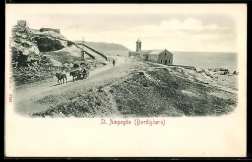 AK Bordighera, St. Ampelio, Vista sulla strada costiera con chiesa e cavalli