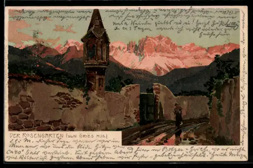 Lithographie Gries, Vista sul Rosengarten al tramonto con campanile e mura di pietra