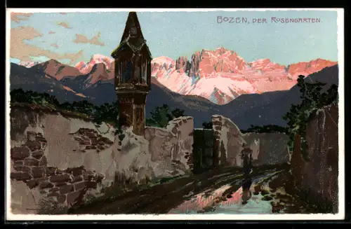 Künstler-AK Bozen, Der Rosengarten im Abendlicht