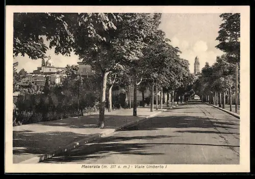 AK Macerata, Viale Umberto I con alberi e vista della città in lontananza