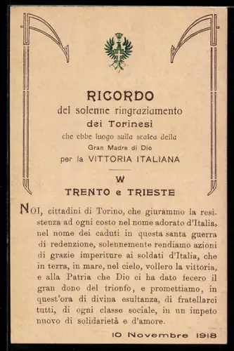 AK Torino, Ricordo del solenne ringraziamento dei Torinesi per la Vittoria Italiana