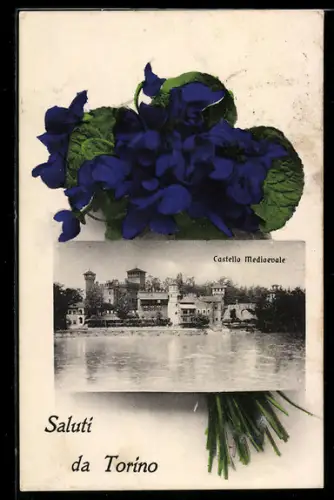 AK Torino, Castello Medioevale con fiori viola
