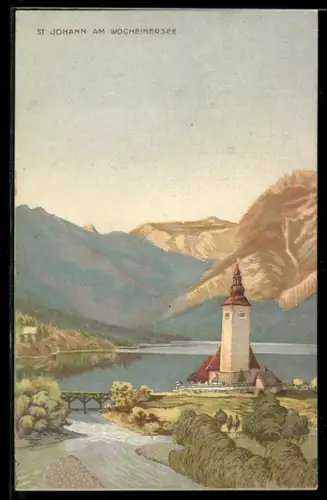 Künstler-AK St. Johann am Wocheinersee, Ansicht der Kirche am Seeufer