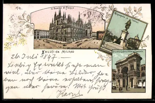 Lithographie Milano, Il Duomo di Fianco, Monumento a Cavour, Arco della Galleria Vittorio Emanuele