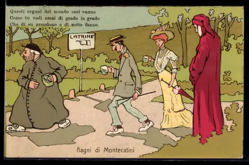 AK Bagni di Montecatini, Illustrazione umoristica con personaggi e segnale per le latrine