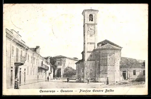 AK Camerano Casasco, Piazza Cesare Balbo con torre dell`orologio e edifici circostanti