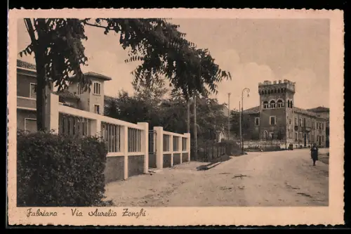 AK Fabriano, Via Aurelio Zonghi con edificio storico e alberi lungo la strada