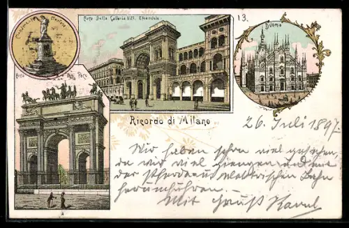 Lithographie Milano, Ricordo di Milano con Arco della Pace e Duomo di Milano