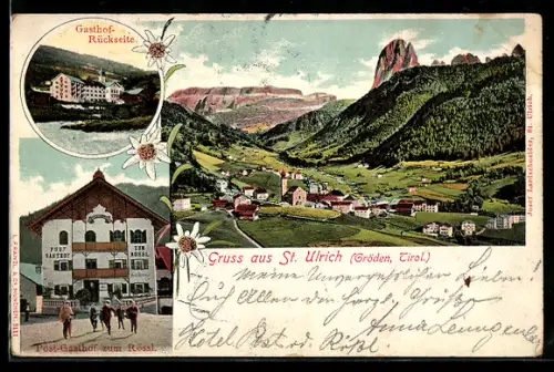 AK St. Ulrich /Gröden, Post-Gasthof zum Rössl, Rückseite, Panorama