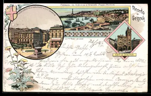 Lithographie Genova, Panorama da S. Brigida e monumento a Vitt. Emanuele