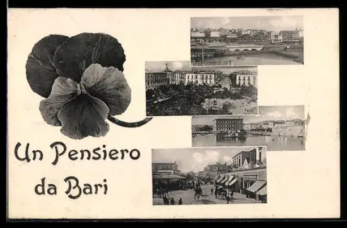 AK Bari, Collage di vedute storiche con fiore e scritta Un Pensiero da Bari