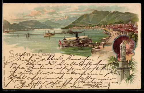 Lithographie Como, Veduta del lago con battelli e statua