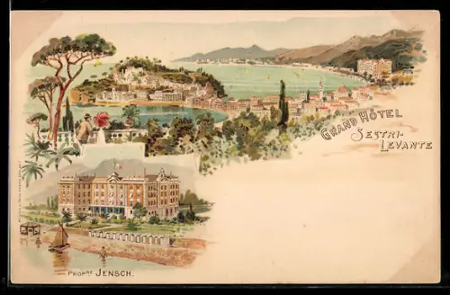 Lithographie Sestri Levante, Grand Hôtel, Propre. Jensch, Panorama costiero con vista mare