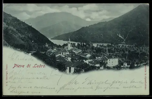 Mondschein-AK Pieve di Ledro, Vista panoramica del villaggio e del lago circostante