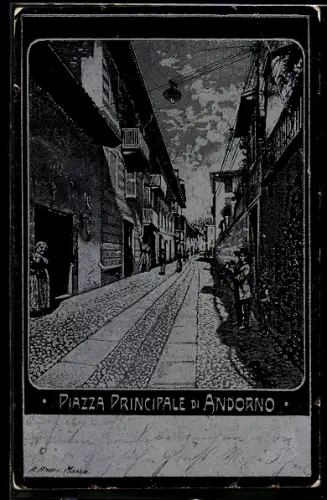 Künstler-AK Andorno, Piazza principale di Andorno con edifici storici e persone in strada