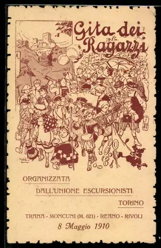 Künstler-AK Torino, Gita dei Ragazzi organizzata dall`Unione Escursionisti, 8 Maggio 1910