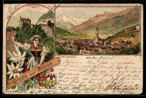 Lithographie Meran, Ortspanorama, Schloss Tirol, Frau in Tracht