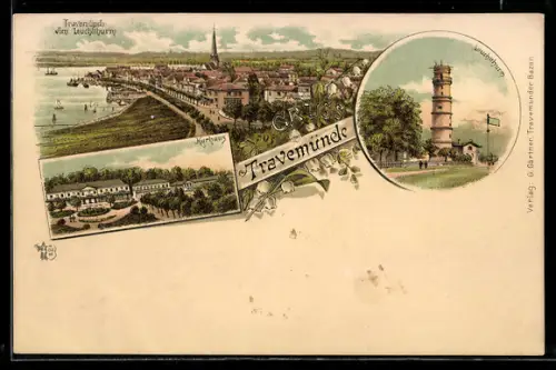 Lithographie Travemünde, Kurhaus, Leuchtturm, Panorama