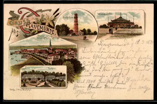 Lithographie Travemünde, Kurhaus, Strandpavillon, Leuchtturm und Panorama