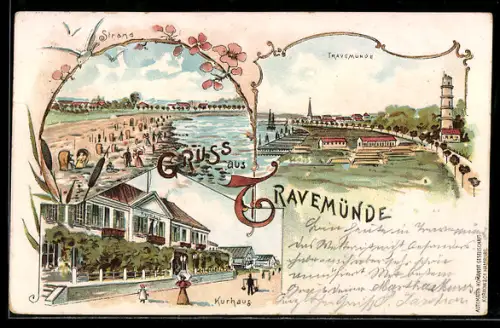 Lithographie Travemünde, Kurhaus, Strand, Ortsansicht