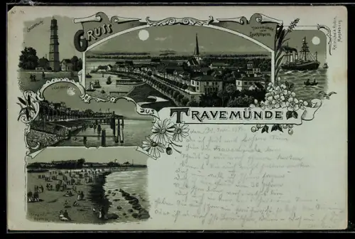 Mondschein-Lithographie Travemünde, Gesamtansicht, Strandpartie & Vorderreihe